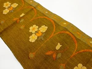 手織り紬草花に抽象模様織出し名古屋帯